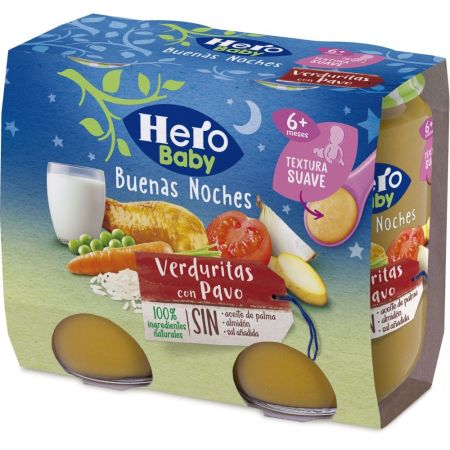 Hero Baby Buenas Noches Tarritos Verduritas Con Pavo Tarritos sin gluten facilitan la digestión y aseguran un buen sueño a partir de 6 meses 2x190 gr