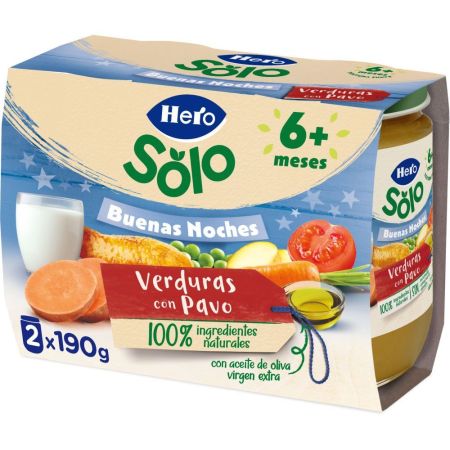 Hero Solo Buenas Noches Tarritos Verduritas Con Pavo Tarritos naturales sin gluten de textura suave facilitan la digestión y aseguran buen sueño a partir de 6 meses 2x190 gr