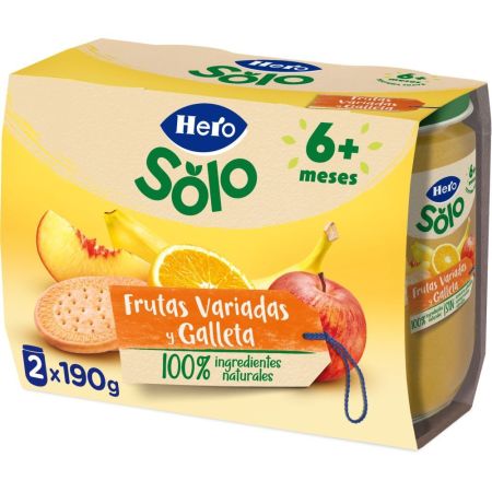 Hero Solo Tarritos Merienda Frutas Variadas Y Galleta Tarritos naturales de textura suave ideales para la merienda del bebé a partir de 6 meses 2x190 gr