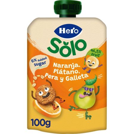 Hero Solo Bolsita Naranja Plátano Pera Y Galleta Bolsita natural elaborada con fruta especialmente seleccionada a partir de 12 meses 100 gr