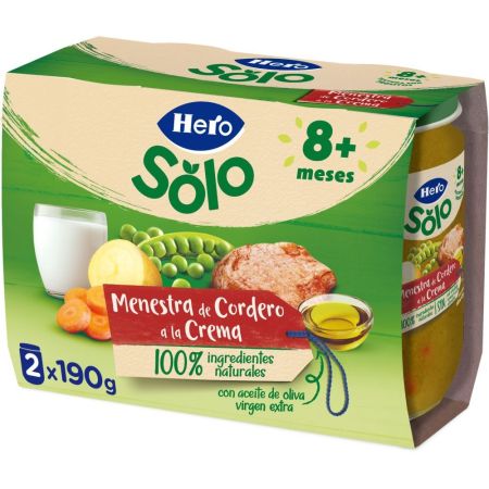 Hero Solo Tarritos Menestras De Cordero A La Crema Tarritos naturales sin gluten de textura suave elaborados con los mejores ingredientes a partir de 8 meses 2x190 gr