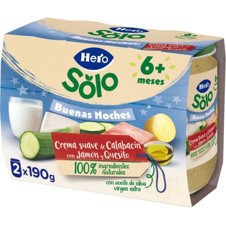 Hero Solo Buenas Noches Tarritos Crema Calabacín Jamón Y Quesito Tarrito sin gluten facilita la digestión y asegura un buen sueño a partir de 6 meses 2x190 gr