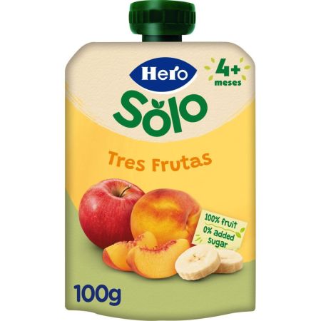 Hero Solo Bolsita Tres Frutas Bolsita natural sin azúcares con 100% fruta añadidos y fuente de vitamina c a partir de 4 meses 100 gr