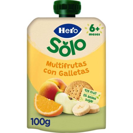 Hero Solo Bolsita Multifrutas Con Galletas Bolsita natural sin azúcares añadidos y fuente de vitamina c a partir de 6 meses 100 gr