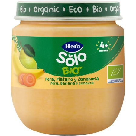 Hero Solo Bio Tarrito Pera Plátano Y Zanahoria Tarrito ecológico sin gluten elaborado con fruta 100% natural a partir de 4 meses 120 gr