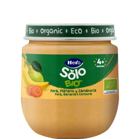 Hero Solo Bio Tarrito Pera Plátano Y Zanahoria Tarrito ecológico sin gluten de textura suave elaborado con fruta 100% natural a partir de 4 meses 120 gr