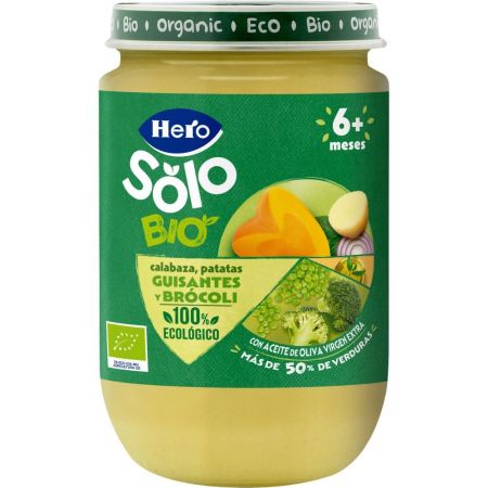 Hero Solo Bio Tarrito Calabaza Patata Guisantes Y Brácoli Tarrito ecológico sin gluten elaborado con ingredientes 100% ecológicos a partir de 6 meses 190 gr