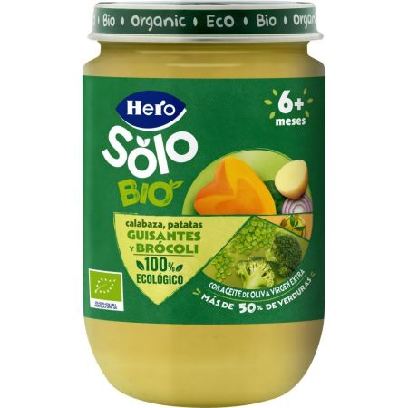 Hero Solo Bio Tarrito Calabaza Patata Guisantes Y Brácoli Tarrito ecológico sin gluten de textura suave elaborado con ingredientes 100% ecológicos a partir de 6 meses 190 gr