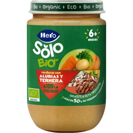 Hero Solo Bio Tarrito Verduras Alubias Y Ternera Tarrito ecológico de textura suave elaborado con ingredientes 100% ecológicos a partir de 6 meses 190 gr