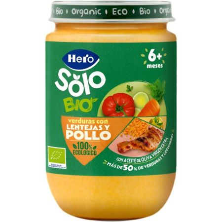 Hero Solo Tarrito Bio Verduras Con Lentejas Y Pollo Tarrito sin gluten elaborado con ingredientes 100% ecológicos a partir de 6 meses 190 gr