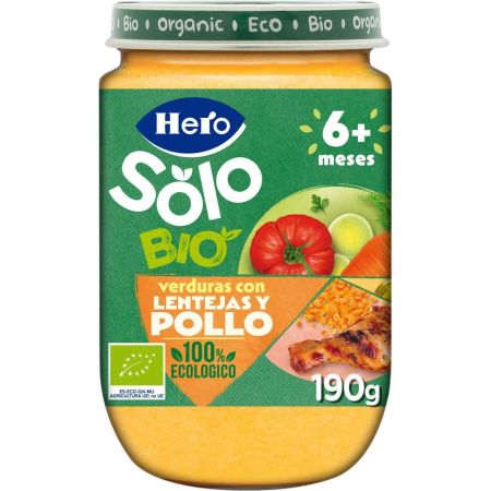 Hero Solo Tarrito Bio Verduras Con Lentejas Y Pollo Tarrito sin gluten elaborado con ingredientes 100% ecológicos a partir de 6 meses 190 gr