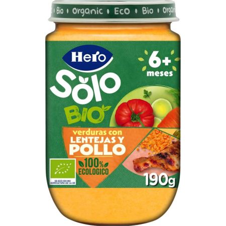 Hero Solo Bio Tarrito Verduras Con Lentejas Y Pollo Tarrito ecológico sin gluten de textura sauve elaborado con ingredientes 100% ecológicos a partir de 6 meses 190 gr