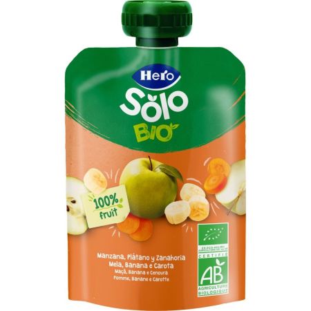 Hero Solo Bolsita Manzana Plátano Y Zanahoria Bolsita sin gluten elaborada con ingredientes 100% ecológicos a partir de 4 meses 100 gr