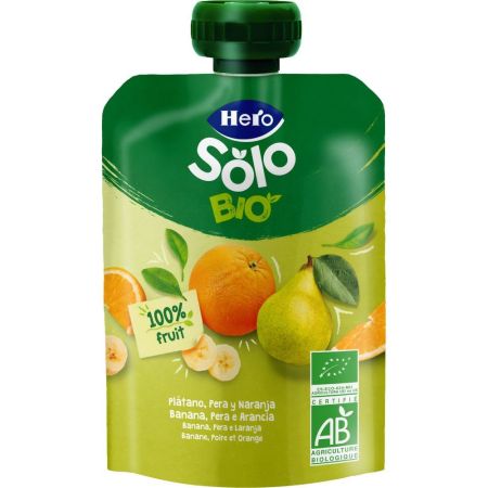 Hero Solo Bio Bolsita Eco Plátano Pera Y Naranja Bolsita ecológca sin gluten elaborada ingredientes 100% ecológicos a partir de 6 meses 100 gr