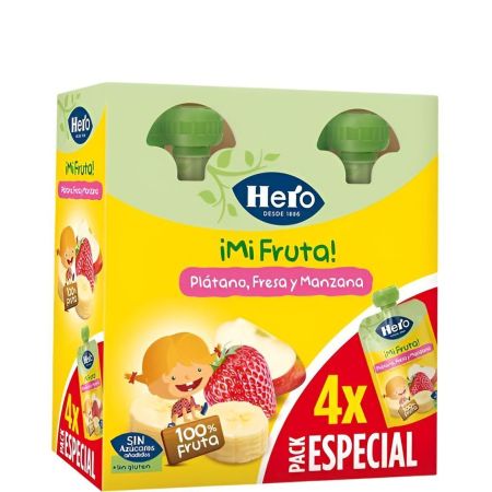 Hero ¡mi Fruta! Bolsita Plátano Fresa Y Manzana Pack Especial Bolsita sin gluten ni azúcares añadidos elaborada con fruta a partir de 12 meses 4x100 gr