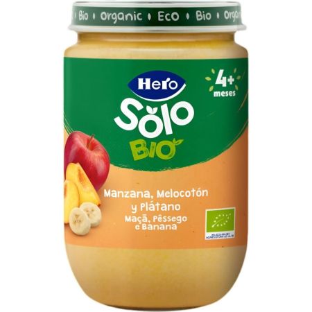 Hero Solo Bio Tarrito Manzana Melocotón Y Plátano Tarrito sin gluten elaborado con ingredientes 100% ecológicos a partir de 4 meses 190 gr