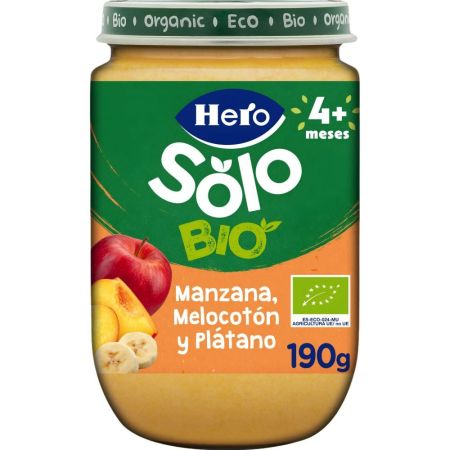 Hero Solo Bio Tarrito Manzana Melocotón Y Plátano Tarrito ecológico sin gluten de textura suave elaborado con ingredientes 100% ecológicos a partir de 4 meses 190 gr