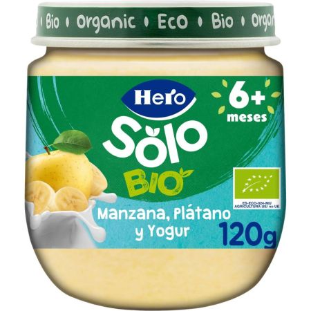 Hero Solo Bio Tarrito Mazana Plátano Y Yogurt Tarrito sin gluten elaborado con fruta 100% natural a partir de 6 meses 120 gr