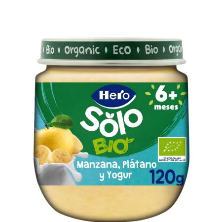 Hero Solo Bio Tarrito Mazana Plátano Y Yogurt Tarrito ecológico sin gluten de textura suave elaborado con fruta 100% natural a partir de 6 meses 120 gr