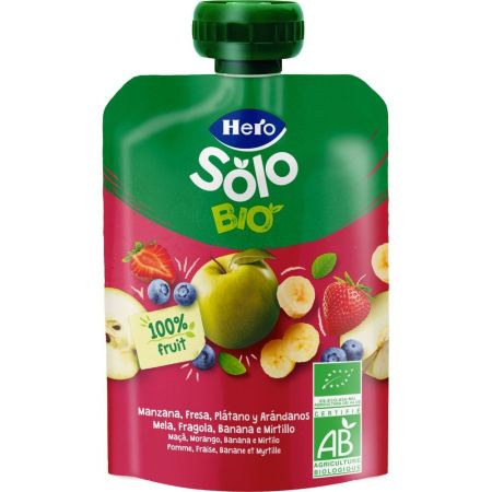 Hero Solo Bolsita Eco Manzana Fresa Plátano Y Arándanos Bolsita elaborada ingredientes 100% ecológicos a partir de 4 meses 100 gr