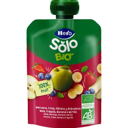 Hero Solo Bio Bolsita Eco Manzana Fresa Plátano Y Arándanos Bolsita ecológica elaborada con ingredientes 100% ecológicos a partir de 4 meses 100 gr