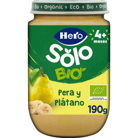 Hero Solo Bio Tarrito Pera Y Plátano Tarrito ecológico sin gluten de textura suave elaborado con 100% fruta ecológica a partir de 4 meses 190 gr