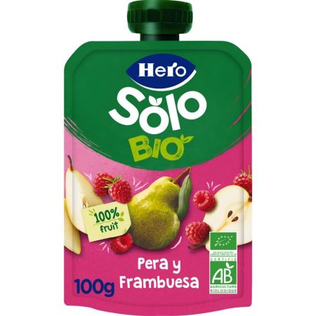 Hero Solo Bio Bolsita Eco Pera Y Frambuesa Bolsita ecológica elaborada con ingredientes 100% ecológicos a partir de 4 meses 100 gr