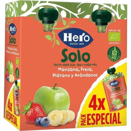 Hero Solo Bolsitas Eco Mazana Fresa Plátano Y Arándanos Bolsitas naturales elaboradas con ingredientes 100% ecológicos a partir de 4 meses 4x100 gr