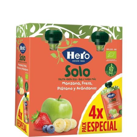 Hero Solo Bolsita Eco Mazana Fresa Plátano Y Arándanos Bolsita elaborada ingredientes 100% ecológicos a partir de 4 meses 4x100 gr