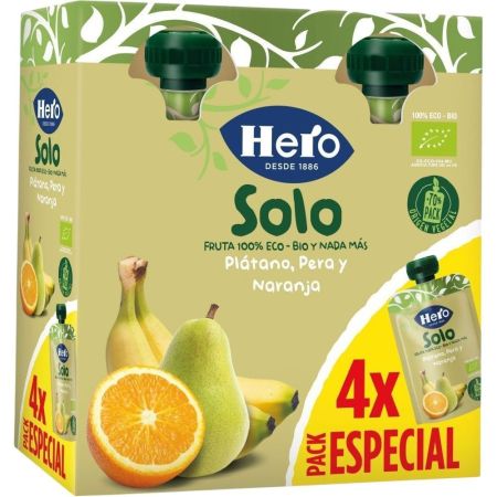 Hero Solo Bolsitas Eco Plátano Pera Y Naranja Pack Especial Bolsitas naturales sin gluten elaboradas con ingredientes 100% ecológicos a partir de 6 meses 4x100 gr