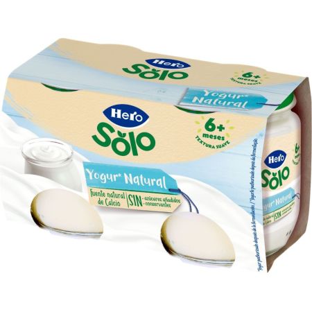 Hero Solo Tarritos Yogur Natural Postre lácteo natural sin gluten de textura suave adaptado a las necesidades nutricionales a partir de 6 meses 2x120 gr