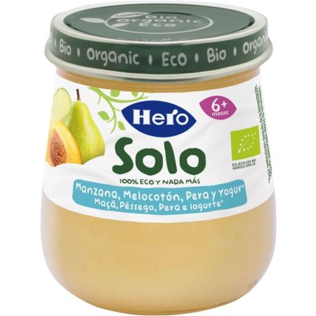 Hero Solo Tarrito Eco Manzana Melocotón Pera Y Yogur Tarrito sin gluten elaborado con fruta 100% ecológica a partir de 6 meses 120 gr