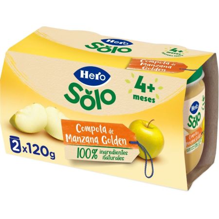 Hero Solo Tarritos Compota De Manzana Golden Tarritos naturales sin gluten de textura suave elaborados con la mejor selección de frutas a partir de 4 meses 2x120 gr