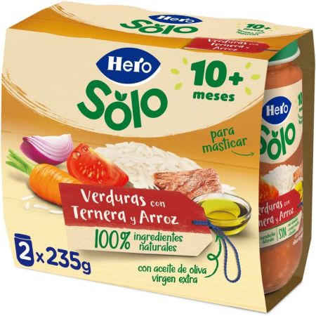 Hero Solo Tarritos Verduras Con Ternera Y Arroz Tarritos naturales de textura con trocitos para alimentación equilibrada y nutritiva a partir de 10 meses 2x235 gr