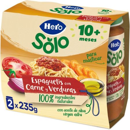 Hero Solo Tarritos Trocitos Espaguetis Con Carne Y Verduras Tarritos naturales sin gluten elaborados con los mejores ingredientes a partir de 10 meses 2x235 gr