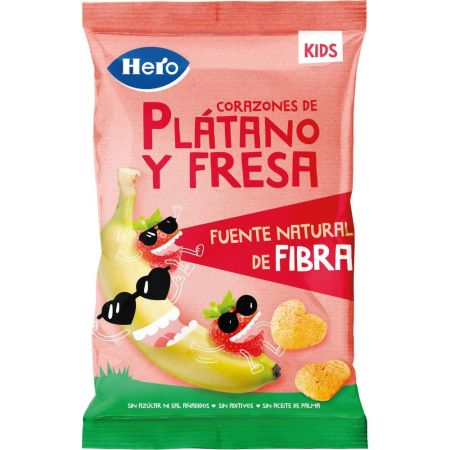 Hero Kids Corazones De Plátano Y Fresa Snack  rico y crujiente sin sal ni aditivos añadidos a partir de 36 meses 30 gr