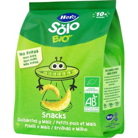 Hero Solo Bio Snacks Eco Guisantes Y Maíz Snacks no fritos sin conservantes ni colorantes y sin sal añadida a partir de 10 meses 40 gr