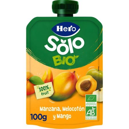 Hero Solo Bio Bolsita Eco Manzana Melocotón Y Mango Bolsita ecológica elaborada con ingredientes 100% ecológicos a partir de 4 meses 100 gr