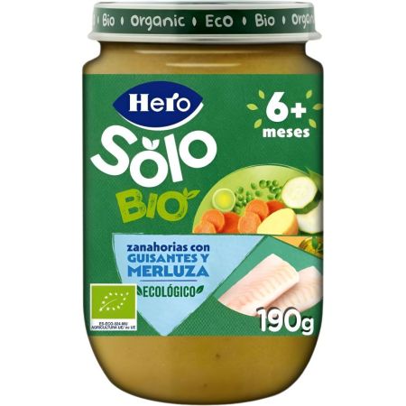 Hero Solo Bio Tarrito Zanahoria Guisantes Y Merluza Tarrito ecológico proporciona calidad para el desarrollo de los peques a partir de 6 meses 190 gr