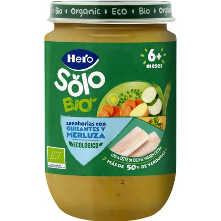 Hero Solo Bio Tarrito Zanahoria Guisantes Y Merluza Tarrito ecológico de textura suave ofrece calidad para el desarrollo de los peques a partir de 6 meses 190 gr