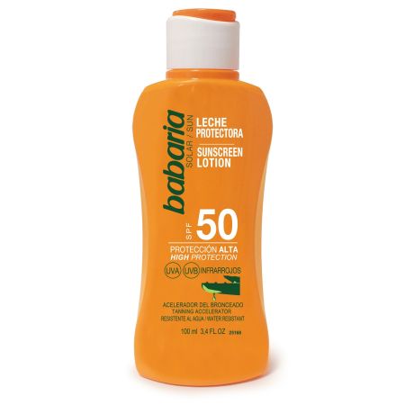 Babaria Leche Protectora Spf 50 Leche solar resistente al agua aceleradora del bronceado con aloe vera 100 ml