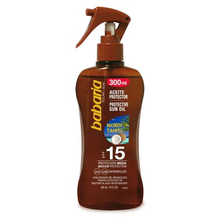 Babaria Aceite Protector Monoi Tahiti Spf 15 Aceite solar acelerador del bronceado con aloe vera y el mono de tahiti 300 ml