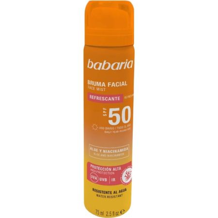 Babaria Refrescante Bruma Facial Spf 50 Bruma solar resistente al agua protege y cuida la piel con aloe vera y niacinamida 75 ml