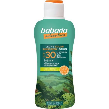 Babaria Adventure Leche Solar Spf 30 Edición Limitada Leche solar corporal de rápida absorción resistente al agua protege hidrata y potencia el bronceado con aloe vera 100 ml