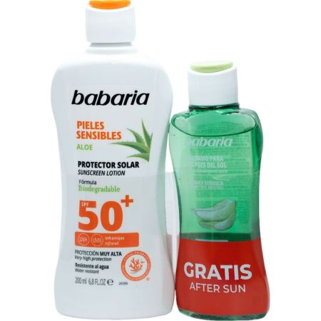 Babaria Pieles Sensibles Protector Spf 50+ + Aloe After Sun Gratis Pack regalo de protección solar resistente al agua protege e hidrata antes y después del sol