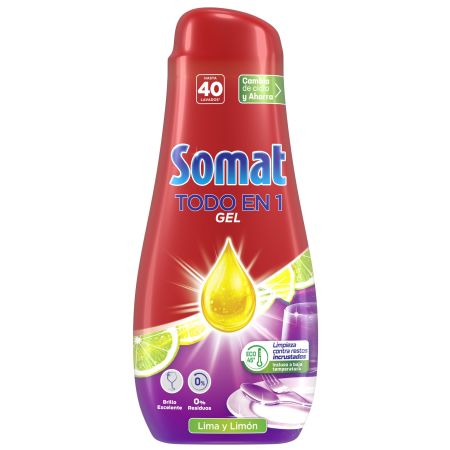 Somat Todo En 1 Lavavajillas maquina detergente gel lima&limon 40 lavados 720 ml