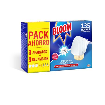 Bloom Insecticida Mosquitos Común Y Tigre Pack Ahorro Insecticida eléctrico 100% de protección 3 aparatos + 3 recambios