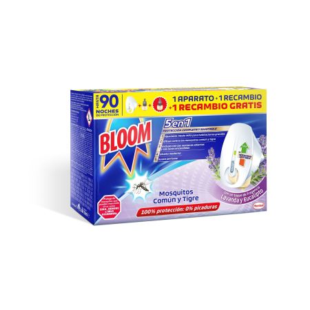 Bloom Insecticida Mosquitos Común Y Tigre 5en1 Formato Especial Insecticida eléctrico 100% de protección aroma lavanda y eucalipto 1 aparato + 2 recambios