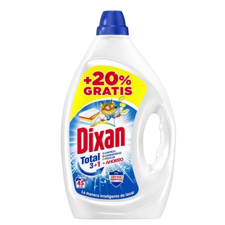 Dixan Detergente Total 3+1+Ahorro Detergente líquido gran poder de limpieza luminosidad y frescor 45 lavados 2250 ml