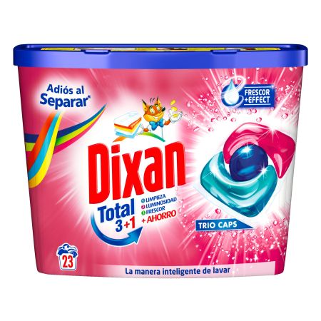 Dixan Detergente Total 3+1 +Ahorro Trio Caps Adiós Al Separar Detergente en cápsulas antitransferencia de colores ofrece limpieza luminosidad y frescor 24 uds